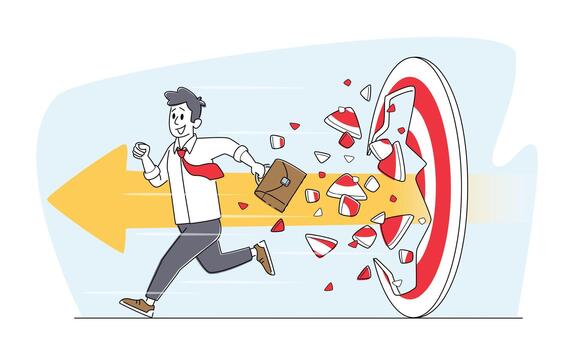 Businessman Character with Briefcase Break Through Huge Target with Arrow, Business Aim Mission, Challenge Task Solution vector