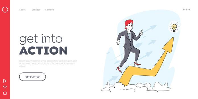 Self Development, Education Landing Page Template. Businesswoman Character Run Up at Huge Arrow Chart with Light Bulb vector