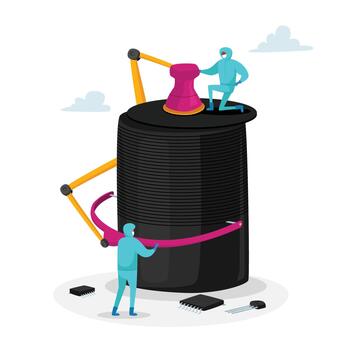 New Generation Semiconductor Microchip Manufacture. Tiny Characters Set Up Huge Technological Wonder in Laboratory vector