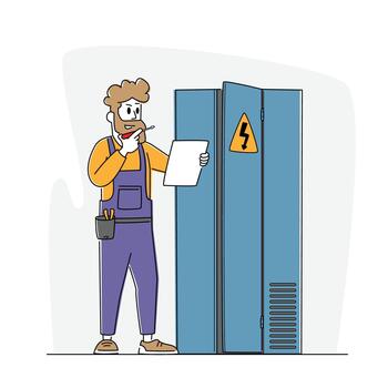 Electrician Examine Working Draft or Measure Voltage at Dashboard. Worker Work with Electric Meter Tester in Fuse Box vector