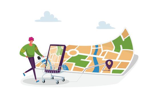 Geolocation Positioning in Retail Store Concept. Tiny Man with Trolley Purchase Goods from List in Smartphone Huge Map vector