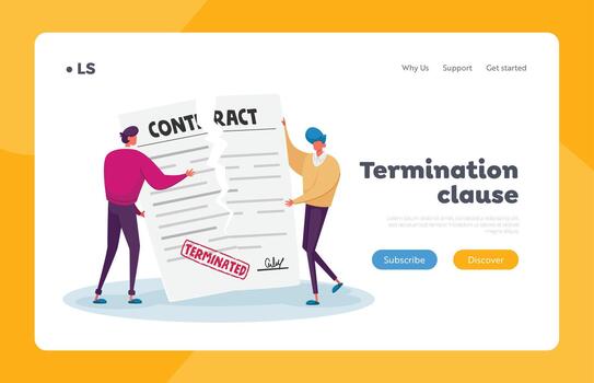 Contract Cancellation, Agreement Termination Landing Page Template. Tiny Characters Tear Huge Paper Terminated Contract vector