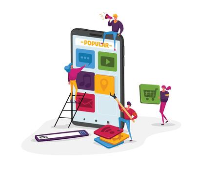 Mobile App Development Concept, Tiny Characters Put Application Icons on Smartphone Screen. People Work on Application vector