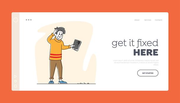 caído teléfono negativo emoción aterrizaje página modelo. trastornado masculino personaje sostener roto tableta con astillas en suelo vector
