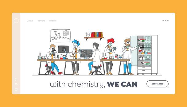 Chemistry Science Landing Page Template. Scientists Characters in Chemical Lab with Equipment, Computer, Microscope vector