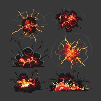 Bomb Explosion Clouds. Cartoon Boom Effect and Smoke Elements for Ui Game Design. Dynamite Danger Explosive Detonation vector