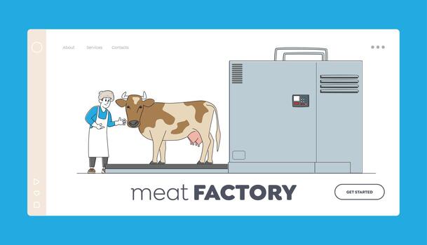 Male Character Working on Meat Factory Landing Page Template. Cow Stand on Processing Line before Carcass Cutting vector