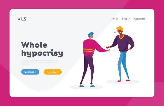 Hypocrisy, Fraud and Insincerity Landing Page Template. Smiling Man with Long Nose of Liar Stretching Hand to Colleague vector