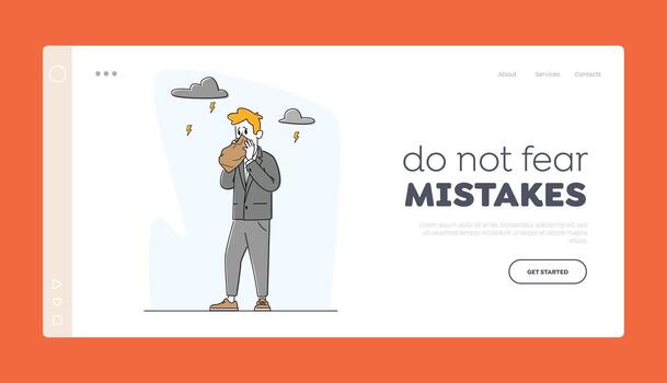 temor o mental salud problemas aterrizaje página modelo. pánico ataque en público lugar. empresario personaje teniendo pánico vector