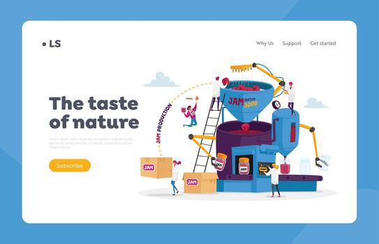 People Making Jam or Marmalade Landing Page Template. Tiny Characters Stand on Ladders at Huge Factory Machine vector