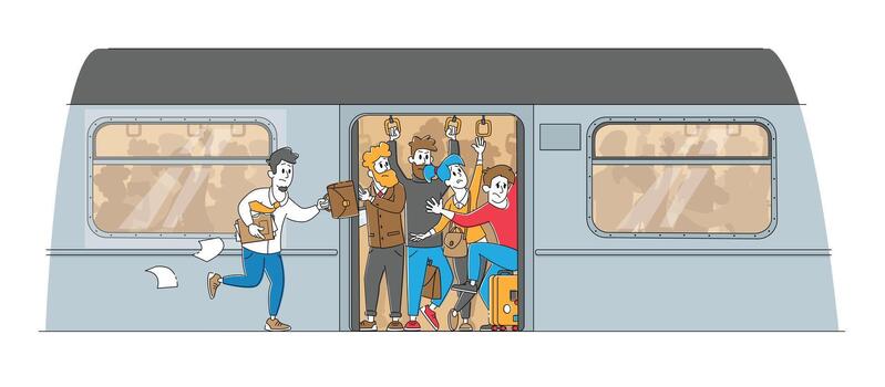 Man Running in Subway Platform to Crowded Train in Rushtime. Characters Pushing Each Other in Full Metro in Peak Hour vector
