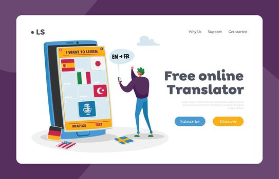 Application for Learning Foreign Language Landing Page Template. Online Technologies, Virtual Studying, E-learning vector