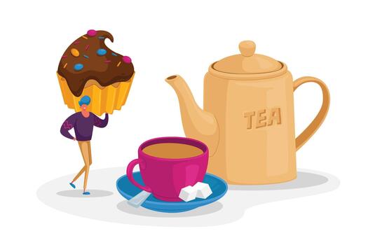 Tiny Man Character Hold Cupcake with Chocolate Topping and Sprinkles Stand at Huge Cup with Tea, Sugar Cubes and Teapot vector