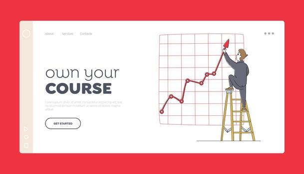 Project Presentation, Financial Statistics Graph Landing Page Template. Businessman Character Stand on Ladder with Arrow vector