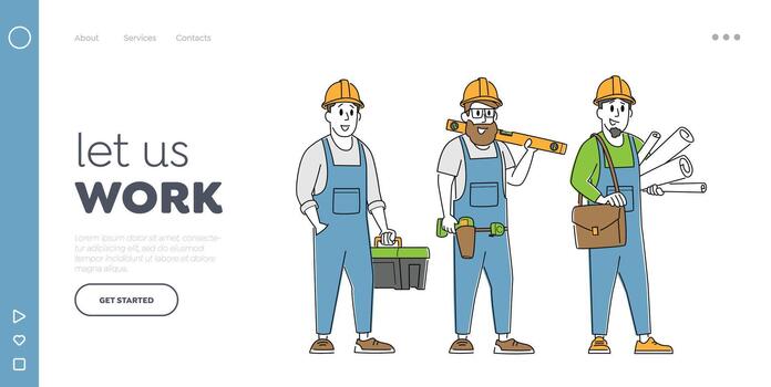 Professional Architecture Building Landing Page Template. Builder or Foreman Characters with Tools and Blueprint vector