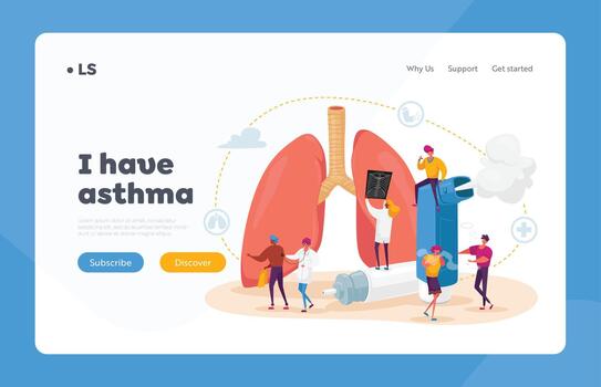 Pulmonology and Asthma Disease Landing Page Template. Tiny Characters at Huge Lungs and Inhaler, Respiratory System vector