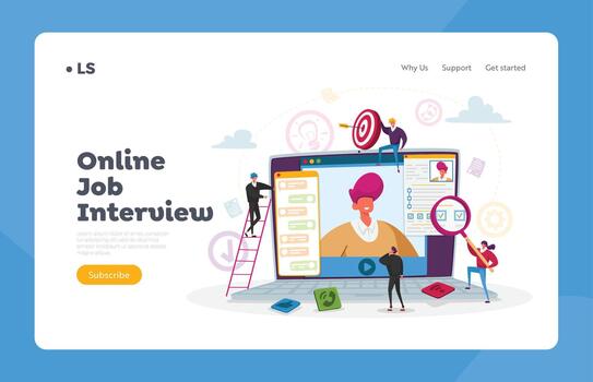 Online Job Interview Landing Page Template. Characters Asking Questions to Applicant of Work History Skills via Internet vector