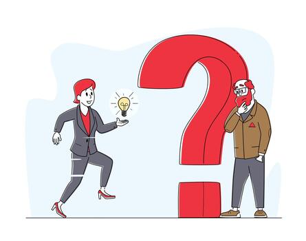 Doubts and Confusion Concept. Thoughtful and Doubtful Business Characters Thinking Under Huge Question Mark vector