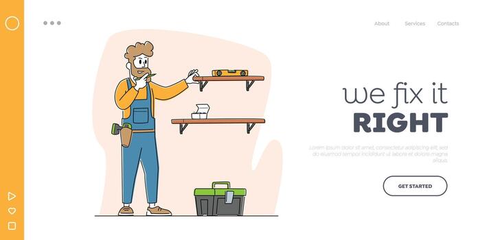 Furniture Assembly Service Landing Page Template. Carpenter Worker Character with Tools and Level Assembling Furniture vector