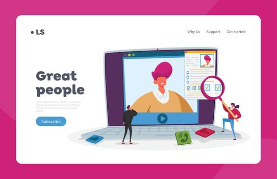 Online Interview and Work Employment Landing Page Template. Tiny Hr Department Employee Characters Reading Candidate vector