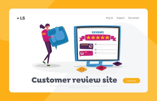 Online Review, Ranking Evaluation and Rating Landing Page Template. Tiny Female Character with Huge Thumb Up Icon vector
