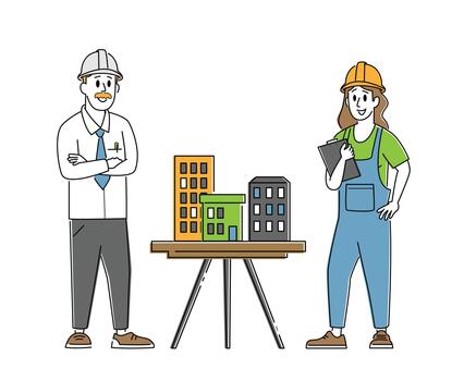 Architect, Builder Engineer Character Presenting Model of House Mock Up to Foreman. Building or Engineering Construction vector