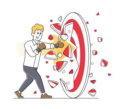 empresario en boxeo guantes descanso enorme objetivo, negocio objetivo misión, desafío, tarea solución, lucha con problemas vector