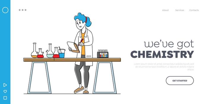Researcher in Chemical or Biochemical Lab Landing Page Template. Chemist Scientist Conduct Experiment in Laboratory vector