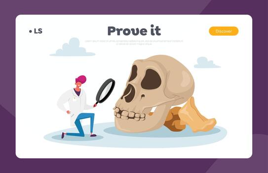Anthropologist Exploring Ancient Artifact Landing Page Template. Scientist Character Watching through Magnifying Glass vector