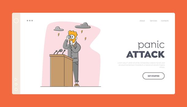 pánico ataque en público sitio aterrizaje página modelo. personaje pánico trastorno en tribuna respiración en papel bolsa, temor vector