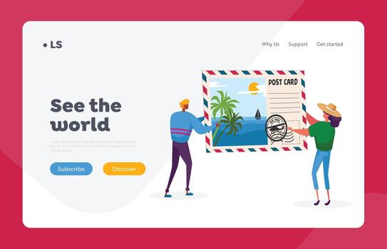 Memory After Traveling Landing Page Template. Tiny Characters Holding Huge Postcard with Tropical Beach and Palm Trees vector