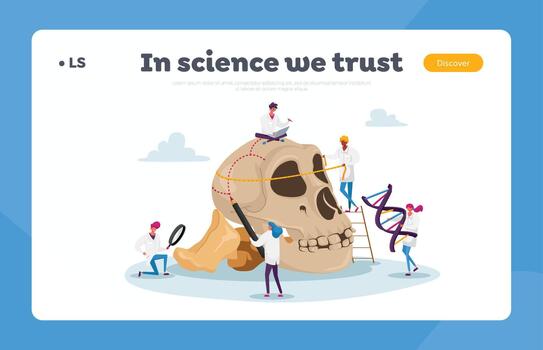 Ancient Anthropology Landing Page Template. Tiny Characters Measure Huge Human Skull with Bones. Paleolithic Research vector