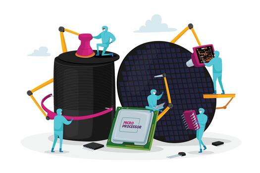 Semiconductor Manufacturing Process. Facility Team of Scientists in Sterile Protective Coverall Set up Micro Processor vector