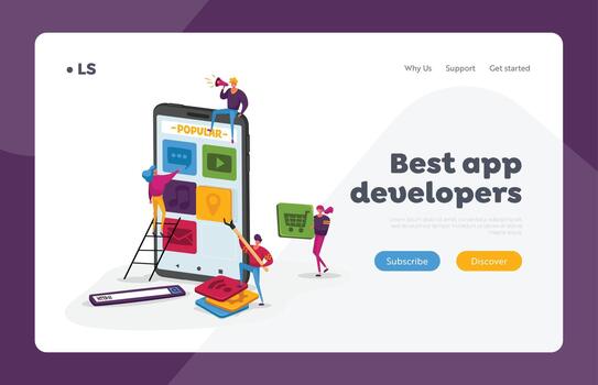 Mobile App Development Landing Page Template. Tiny Characters Put Icons on Smartphone Screen, People Create Ui Layout vector