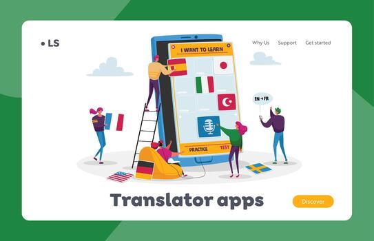Students Webinar or Online Lesson, Education Landing Page Template. Tiny Characters Learning Foreign Language vector