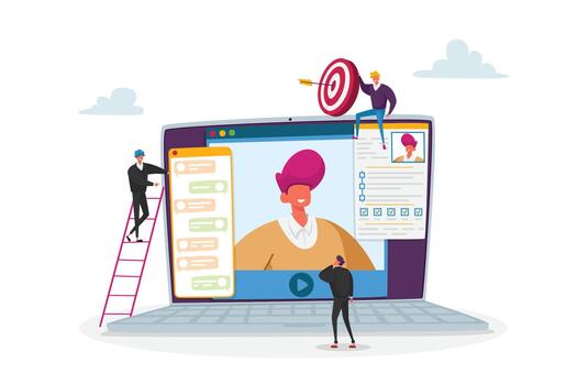 Hr Manager Read Candidate Resume Conducting Interview Online via Internet. Applicant Character Tell of Working Skills vector