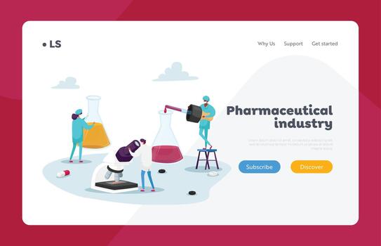 farmacia crear remedio aterrizaje página modelo. minúsculo farmacéutico caracteres estar a enorme vasos de precipitados con líquido medicación vector