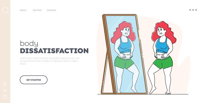 Body Rejection Landing Page Template. Plus Size Female Character Look at Mirror Reflection Dissatisfied with Figure vector