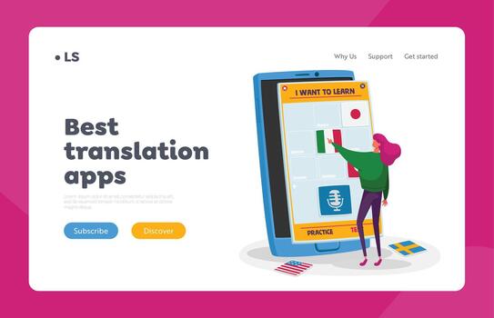 Virtual Electronics Studying Landing Page Template. Tiny Female Character Choose French Language, Online Technology vector