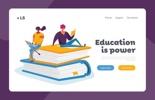 Students Spend Time in Library or Prepare for Grammar Test Examination Landing Page Template. Tiny Characters Reading vector