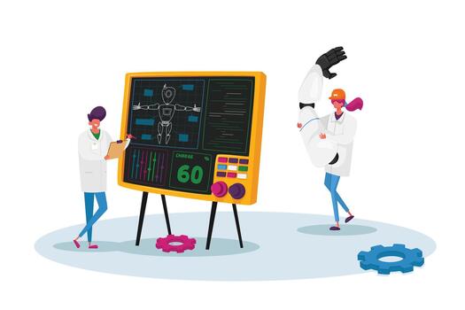 ingenieros crear robot. artificial inteligencia futurista innovador mecanismo tecnología. científico pintar robot vector