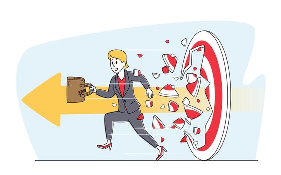 Businesswoman with Briefcase Breaking Through Huge Target with Arrow, Business Aim Mission, Challenge, Task Solution vector