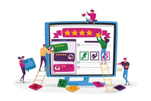 Customers Online Review, Ranking and Rating Concept. Tiny Characters Put Huge Stars on Pc Screen with Clients Feedback vector