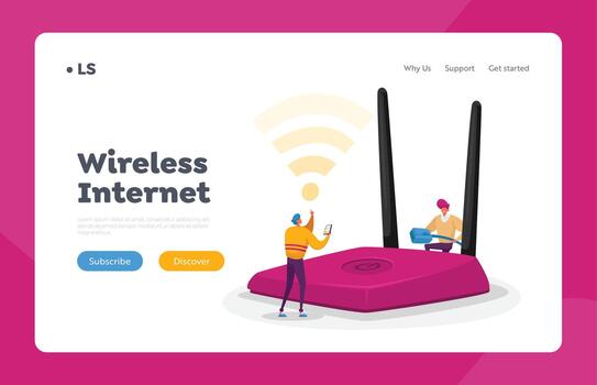 Wireless Connection, Modern Technology Landing Page Template. Tiny Characters Use Wifi Router. People Surfing Internet vector