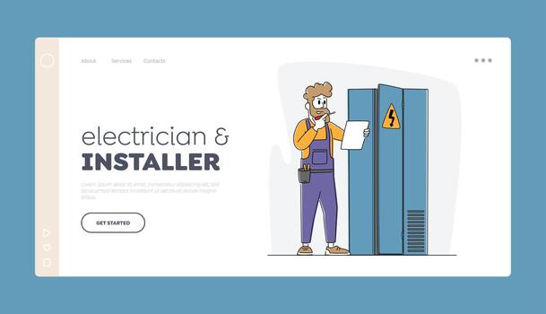 Electrician Examine Working Draft at Dashboard Landing Page Template. Worker Character Work with Electric Meter Tester vector