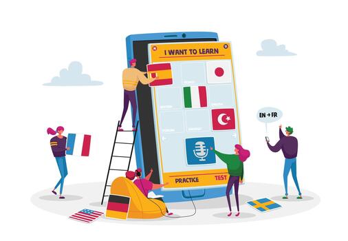 Tiny Male and Female Characters Learning Foreign Language Courses. People around Huge Smartphone with Educational App vector