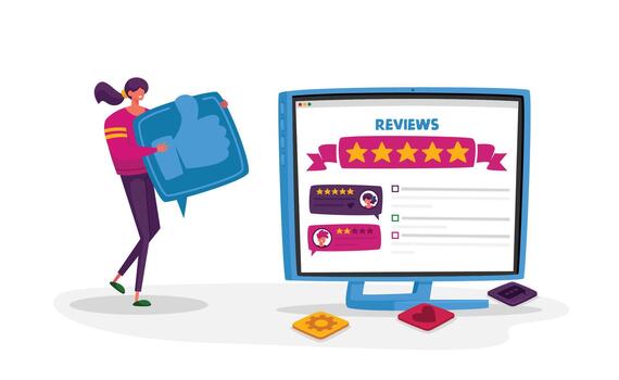 Online Review, User Experience, Ranking Evaluation and Rating Concept. Character with Huge Thumb Up Icon Give Feedback vector