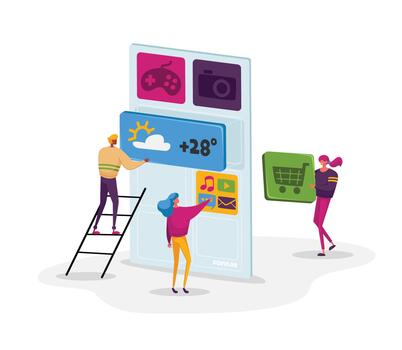 minúsculo caracteres a enorme móvil teléfono desarrollar solicitud. ui desarrollo proceso. software api prototipos y pruebas vector