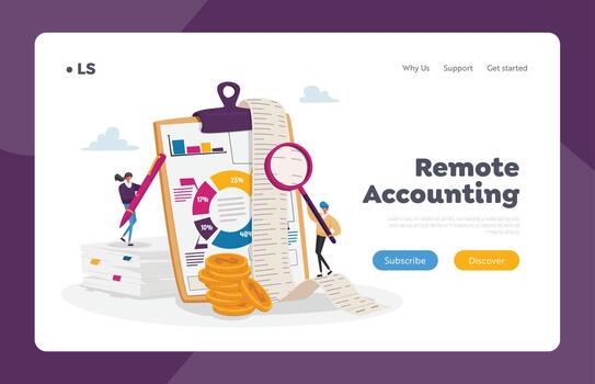 Accounting and Bookkeeping Landing Page Template. Tiny Accountant Characters at Huge Clip Board Filling Bookkeeping Data vector