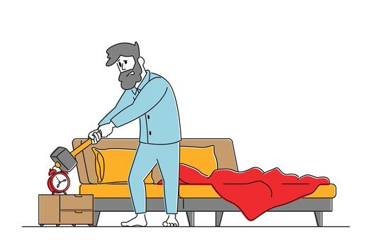 Man Waking Up at Morning with Anger Hitting Alarm Clock with Hammer. Sleepy Male Character in Bad Mood after Getting Up. vector